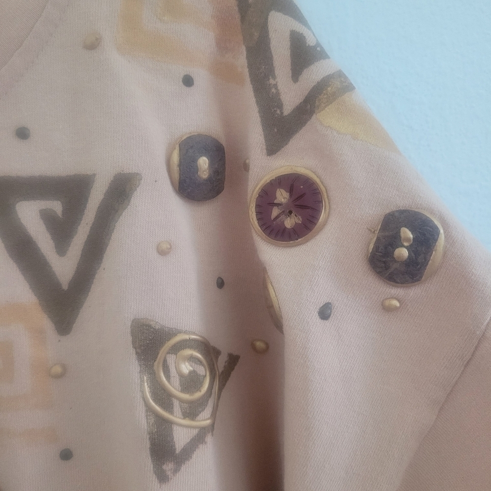 Vintage 90s Cesucci Hand Painted Embellished Tee Tan Brown Geometric Art Shirt - Picture 4 of 10